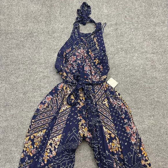 Free People Pants - Free People Shangri-La Wide Leg Halter Jumpsuit Blue Scarf Print Sz 2 NEW $198